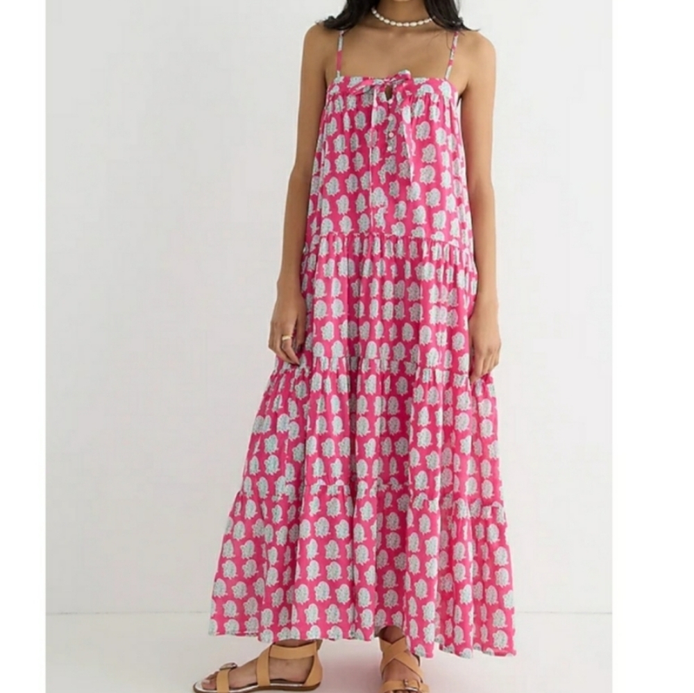 NWOT J.Crew SZ Blockprints tie front maxi dress bright pink size Medium